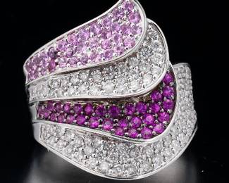 Ladies Gold, Diamond and Pink Topaz Cascade Ring 