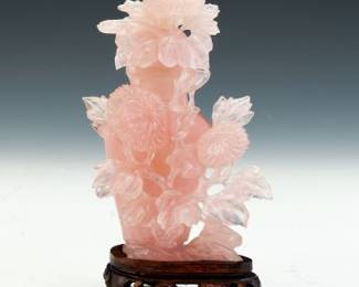 Chinese Carved Rose Quartz Lidded Vase with Peonies, on Carved Wood Stand 
