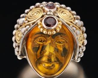 Sajen Gold Vermeil on Sterling Silver, Cameo Carved Amber, Garnet and Amethyst Ring 