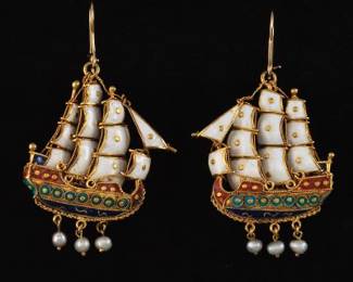 Three Mast Galleon Double Sided Earrings 18K Yellow Gold 