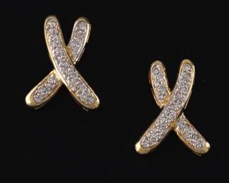 Ladies Pair of Tiffany Style X Design Gold and Diamond Earrings 