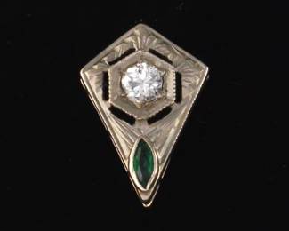 Art Deco TwoTone Gold, Diamond and Emerald Stick Pin 