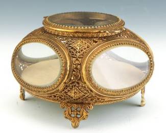 Gilded Age Gilt Metal and Bevelled Glass Jewelry Casket 