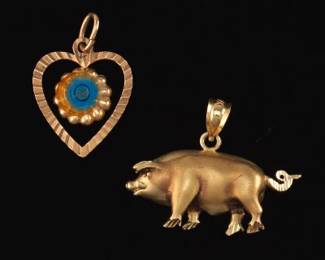Two Gold and Enamel Charms Pig and Herat with Protection Against Evil Eye 