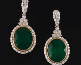 14K Yellow Gold Diamond and Emerald Earrings