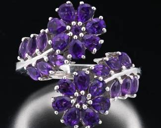 Ladies Sterling Silver and Amethyst Bypass Floral Design Ring 