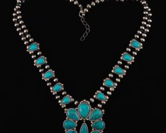 Native American Sterling Silver and Turquoise Squash Blossom Necklace 