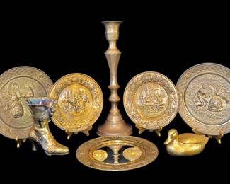 Vintage Brass Embossed Plates, Candlestick, Unique Accents