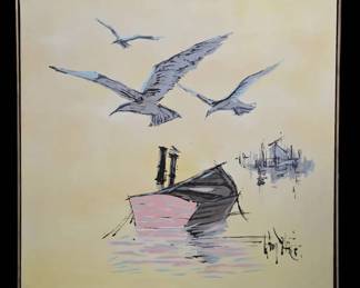 MCM Nautical Seascape Oil Painting with Seagulls and Harbor Boat