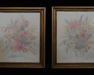 Vintage Elegance Pair of Gloria Eriksen Floral Prints in Matching Gold Frames
