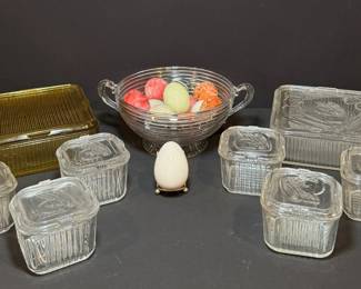 Federal Refrigerator Dishes, Amber Glass, DepressionEra Bowl Stone Eggs
