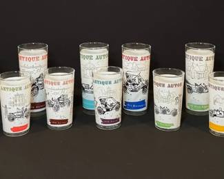 Vintage MCM Anchor Hocking Antique Autos Frosted Tumbler Set