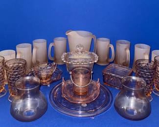 Stunning Indiana Glass Pitcher, Mugs, Etched Plates More