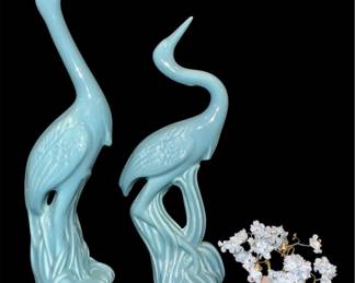 Dramatic MCM Glossy Turquoise Crane Pair Jaru Style California Pottery