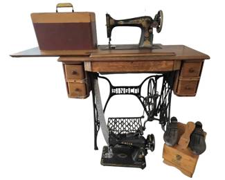 Antique Singer Treadle Sewing Machine, Cabinet, and Accessories