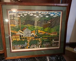 Sugar Cane Days by Guy Buffet. Lithograph hand signed. Koa Wood and Linen Mat. 41.5" W x 34.75 H