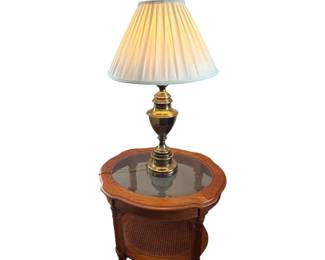 Oval Glass Top Side Table W Gold Toned Lamp
