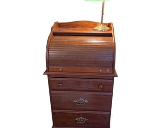 Small Roll Top Secretary Desk W Green Bankers Lamp