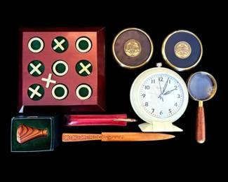 Gold Filled Cross Pen, Brass Coasters, Magnifying Glass, Tictactoe, Westclox Clock  More