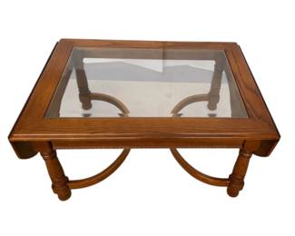 Oak Glass Coffee Table with Drop Leaf Sides