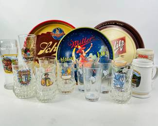 Schlitz & Miller Serving Trays With Beer Steins & Mugs