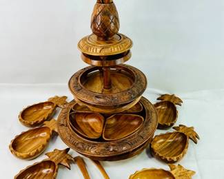 Monkey Pod Wood Pineapple Tray With Wood Bowls