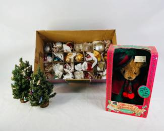 Musical Carollers Bear with Ornaments and Tiny Christmas Trees