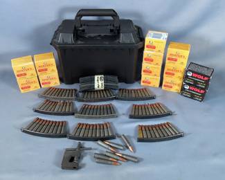 7.62x39 Ammo, Includes Herter's, Wolf, And More, Approx 357 Rds, Stripper Clips, And SKS Sight Tool, In Flambeau Ammo Can