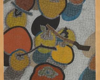 2226
Toru Mabuchi
(1920-1994)
"Persimmons," 1959
Woodcut in colors on beige paper
Edition: 20/30
Signed in pencil and with the gold ink chopmark in the image, lower right: Toru Mabuchi; titled in Japanese, dated, and numbered, all in pencil in the lower margin: 1959
Image: 22.625" H x 11" W; Sight: 24" H x 12" W
Estimate: $200 - $300