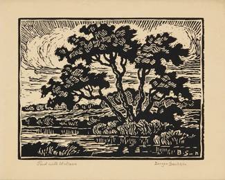 2263
Birger Sandzén
(1871-1954)
"Pond with Willows," 1937
Linocut on paper
From the edition of 100
Signed and titled in pencil in the lower margin: Birger Sandzén
Image: 6" H x 7.75" W; Sheet: 7.75" H x 9.75" W
Estimate: $300 - $500