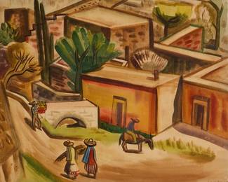 2202
Emily Syminton
(1916-2002)
Village scene with figures, 1945
Watercolor on paper
Signed and dated lower right: E. Syminton '45
Sight: 18.25" H x 22.5" W
Estimate: $200 - $400