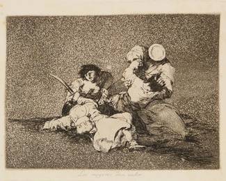 2271
Francisco Goya
(1746-1828)
"Las mugeres dan valor," plate 4 from "Los Desastres de la Guerra," 1810-12
Etching, burnished aquatint, lavis, and drypoint on wove paper, without watermark
Presumably from one of the later editions; originally published posthumously in 1863
Unsigned as usual; with the title and plate number etched in the plate outside the image
Image: 5.25" H x 7.25" W; Plate: 6.125" H x 8.125" W; Sheet: 9.75" H x 13.25" W
Estimate: $200 - $300