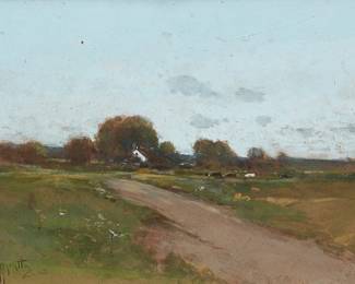 2182
Hardesty Gilmore Maratta
(1864-1924)
Meadow scene with cows
Watercolor and gouache on board
Signed lower left: H.G. Maratta
10" H x 14" W
Estimate: $300 - $500