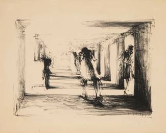 2254
Michael Mazur
(1935-2009)
"The Corridor," from the "Images From A Locked Ward" portfolio, 1965
Lithograph on Arches paper
Edition: 65/75
Signed, titled, and numbered in pencil in the lower margin: Mazur; George Lockwood, Boston, MA, prntr., with his blindstamp in the lower left margin corner; Impressions Graphic Workshop, Inc., Boston, MA, pub.; an unidentified fish blindstamp in the lower right margin corner
Image: 14.5" H x 21" W; Sheet: 19.875" H x 25.75" W
Estimate: $200 - $300