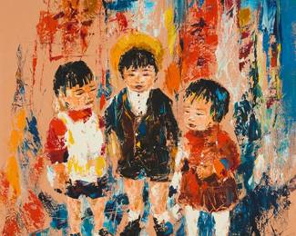 2378
Jack Laycox
(1921-1984)
"Children at Kyoto," 1965
Oil on canvas
Signed lower left: Jack Laycox; signed again, titled, and dated, all verso: 1965; titled again and numbered "884" in ink on a label affixed to the frame's verso
34" H x 28" W
Estimate: $200 - $300