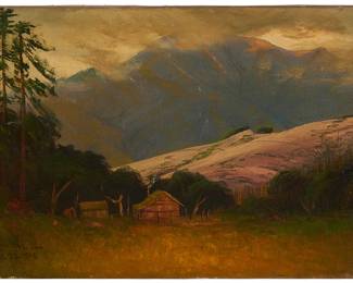 2109
James Everett Stuart
(1852-1941)
"Mt. Serra from the Ranch," 1920
Oil on canvas
Signed, dated, and inscribed "2653" lower left: J.E. Stuart / Sept. 23 1920; signed and dated again, titled, and inscribed "Home of Mrs. James J. Hughes, Sur Ranch, Monterey County, California," all verso
12.125" H x 18" W
Estimate: $600 - $800