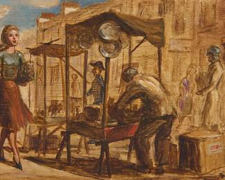 2364
Peter Hopkins
(1911-1999)
"London Market"
Oil on Masonite
Signed lower right: Peter Hopkins; titled in white pigment verso
6.125" H x 10.75" W
Estimate: $500 - $700