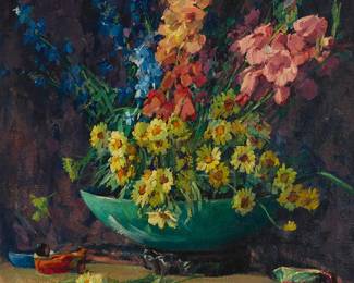 2158
Florence Young
(1872-1974)
"Floral Still Life"
Oil on canvas
Signed and indistinctly inscribed on the stretcher: F. Young; titled on a label affixed to the frame's verso
36" H x 30" W
Estimate: $700 - $900