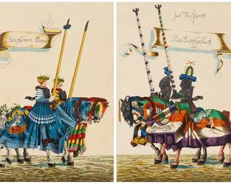 2384
Two Hans Burgkmair-style tournament illustrations
Two works: Medieval German knights
Each: Watercolor, ink, and metallic pigments on paper
Each: Appears unsigned; inscribed in German in ink on the banners
Each Image/Sheet: 15.75" H x 11" W
Estimate: $200 - $300