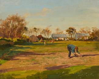 2388
Arthur Henry Jenkins
(1871-1940)
Figure harvesting, 1909
Oil on canvasboard
Signed, dated, and inscribed lower left: AH Jenkins 1909 / Sark
Sight: 13.5" H x 16.375" W
Estimate: $300 - $500
