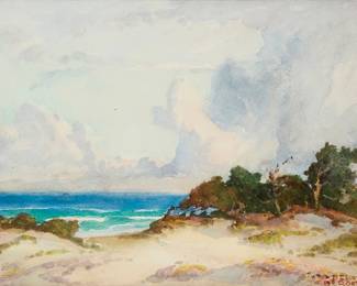 2062
Albert Thomas De Rome
(1885-1959)
Coastal dunes
Watercolor on paper
Signed lower right: Albert De Rome
Sight: 6" H x 8" W
Estimate: $500 - $700