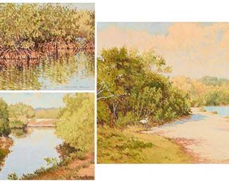 2049
William North (20th Century)
Three works:
"Sanibel Is," 1993
Oil on canvas
Signed lower right: William North; titled, dated "1.21.93," numbered "9305," and inscribed "Ding Darling Mangrove," along the canvas overlaps
9" H x 14" W
"Sun Effect," 1995
Oil on canvas
Signed and dated lower right: Wm North '95; dated again "May 9, '95," titled, numbered "9534," and inscribed "Dine Darling" along the canvas overlaps
16" H x 20" W
"Ding Darling Mangrove," 1993
Oil on canvas
Signed lower right: Wm North; dated "9.7.93," titled, and numbered twice, "9357" along the canvas overlaps
9" H x 14" W
Estimate: $300 - $500