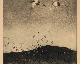2277
Jay Norwood "Ding" Darling
(1876-1962)
"Canvasbacks - The Evening Flight," 1930
Etching and aquatint on paper
From the edition of unknown size
Signed, titled, and dated in pencil in the lower margin: JN. Darling 30
Plate: 13.875" H x 11.25" W; Sight: 15" H x 12.375" W
Estimate: $400 - $600