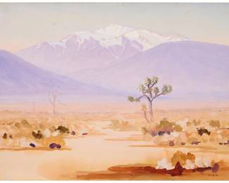 2104
Charles Bradford Hudson
(1865-1939)
"San Jacinto near Palm Springs"
Watercolor on board
Signed with initials lower right: C.B.H.; titled, dated, and inscribed in pencil, presumably in another hand, verso: "San Jacinto near Palm Springs / Sketch by Charles B. Hudson / about 1930"
11" H x 15" W
Estimate: $400 - $600