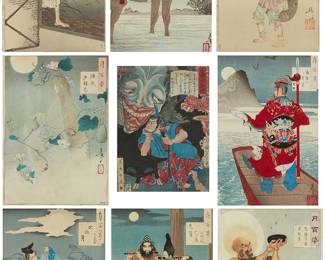 2214
Tsukioka Yoshitoshi
(1839-1892)
Eight plates from "One Hundred Aspects of the Moon" ("Tsuki no Hyakushi"), 1885-1892; and one plate from "Beauty and Valor in the Novel Suikoden," 1866
Each woodcut in colors on paper
Each from the edition of unknown size and date
Each with a red ink chop mark, and with Japanese characters in black, either printed as part of the image or stamped near the outer edges or in the margins; 9 works
Sight of smallest: 9.25" H x 6.75" W; Sight of largest: 13.25" H x 9.25" W
Estimate: $500 - $700