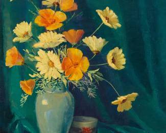 2161
Viola Sayre
(1883-1975)
"Blue and Gold"
Oil on canvas
Signed lower right: Viola Sayre; signed again, titled, and inscribed with the artist's address, all in ink on the stretcher
20" H x 16" W
Estimate: $300 - $500