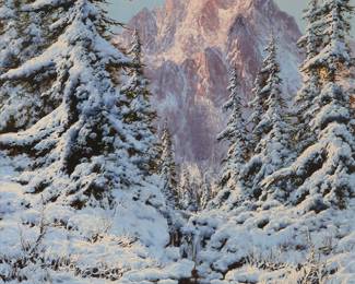 2122
Laszlo Neogrady
(1896-1962)
Hungarian mountainous winter landscape scene
Oil on canvas
Signed lower right: Neogrady Laszlo; numbered "42414" and with the artist's black ink copyright stamp, all verso
30" H x 24" W
Estimate: $700 - $900