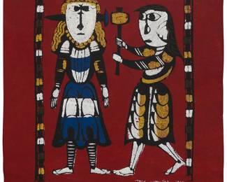 2220
Sadao Watanabe
(1913-1996)
Two figures, 1965
Katazome stencil print in colors on intentionally crumpled paper
Edition: 30/50
Signed, dated, and numbered in white ink in the lower margin: Sadao Watanabe 1965
Image: 18" H x 15" W; Sheet: 22.5" H x 21" W
Estimate: $300 - $500