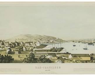2145
Henry Firks
(19th century)
"San Francisco," 1849
Offset lithograph in colors on paper
From the edition of unknown size and date; later printing
Unsigned; W. H. Jones, Esq. of San Francisco, pub.
Sight: 10.5" H x 22" W
Estimate: $600 - $800