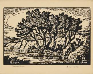 2262
Birger Sandzén
(1871-1954)
"Kansas Creek," circa 1936
Linocut on paper
From the edition of unknown size
Signed and titled in pencil in the lower margin: Birger Sandzén
Image: 6" H x 8.75" W; Sight: 7.75" H x 9.75" W
Estimate: $300 - $500